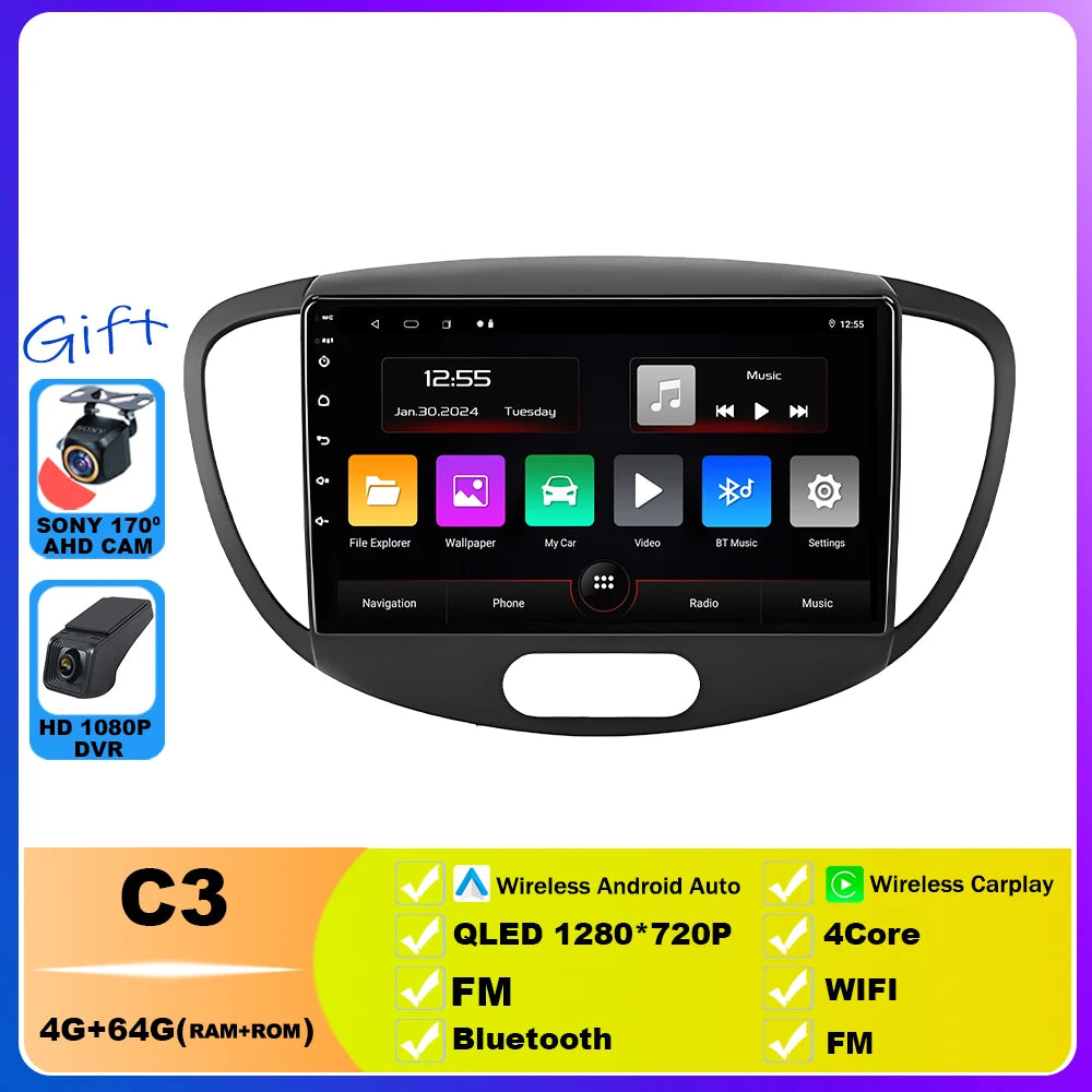Car Radio For Hyundai i10 2007 2008 2009 2010 2011 - 2013 Multimedia Video Player GPS Stereo CarPlay 4G Navigationv Android 15