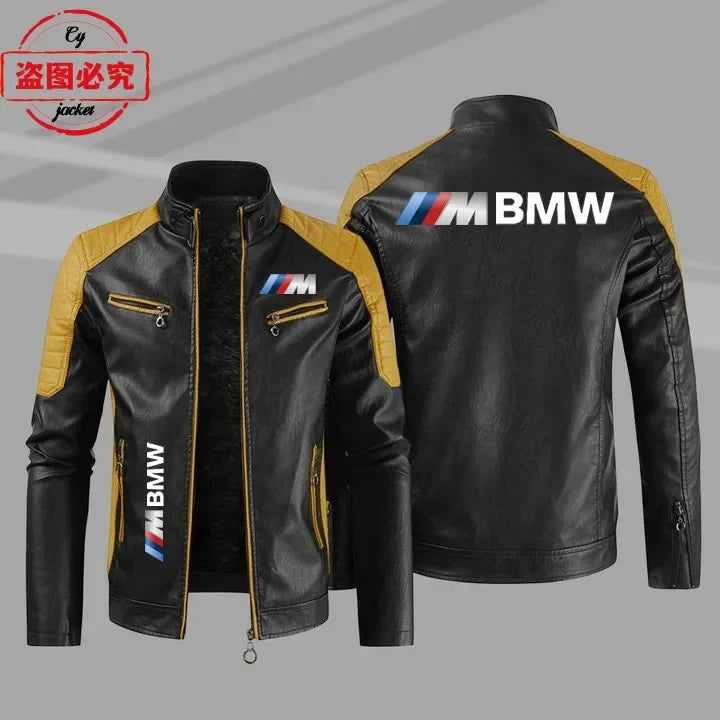 سترة من الجلد الصناعي بشعار BMW Motorrad M مطبوع عليها شعار فريق سباق الدراجات النارية، وسترة رجالية بشعار سيارة BMW