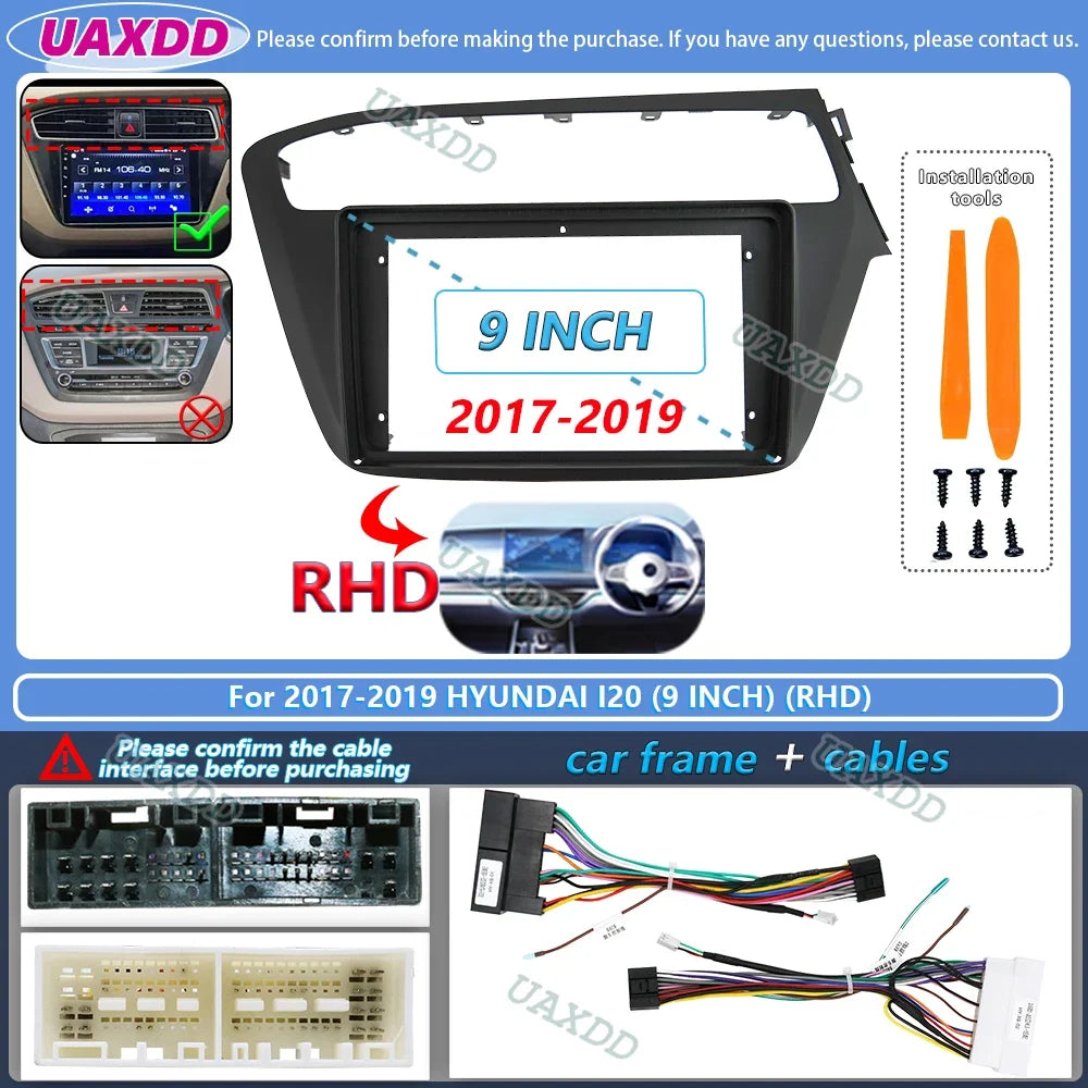 For 2014-2019 HYUNDAI I20 9INCH 2 Din Car stereo radio Android frame panel fascia cable video harness adapter player multimedia