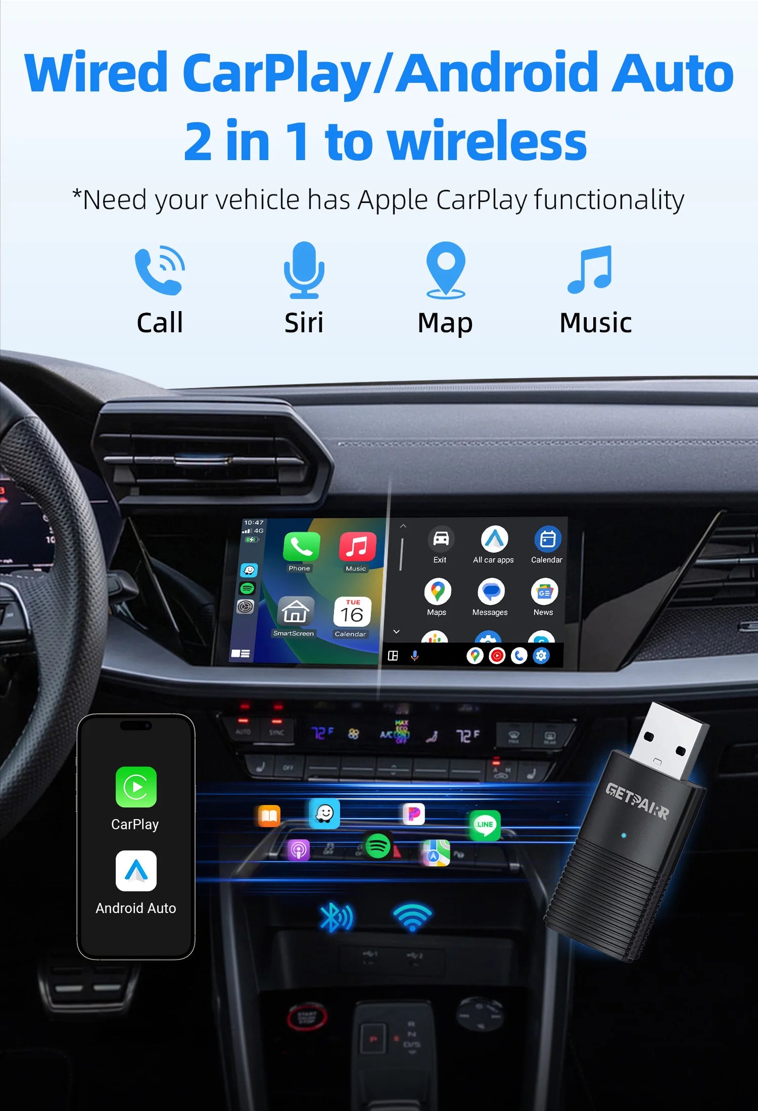 GetPairr Wireless CarPlay Dongle Android Auto Mini Adapter Plug And Play WiFi Fast Connect Universal For Cars with Wired Carplay