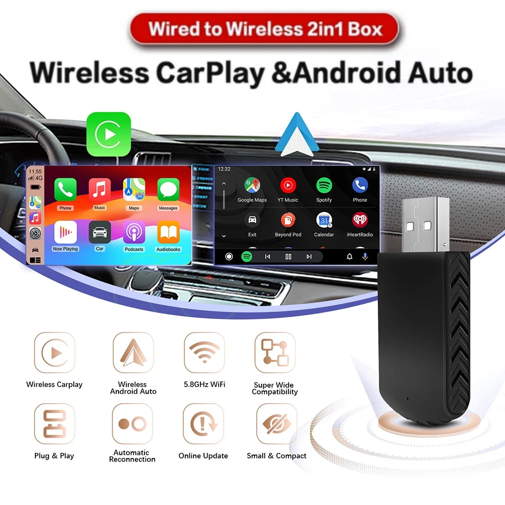 2 in 1 AI Box Mini Adapter Wired to Wireless Carplay&Android Auto Compatible with 99% of Cars Plug and Play WiFi Smart Dongle