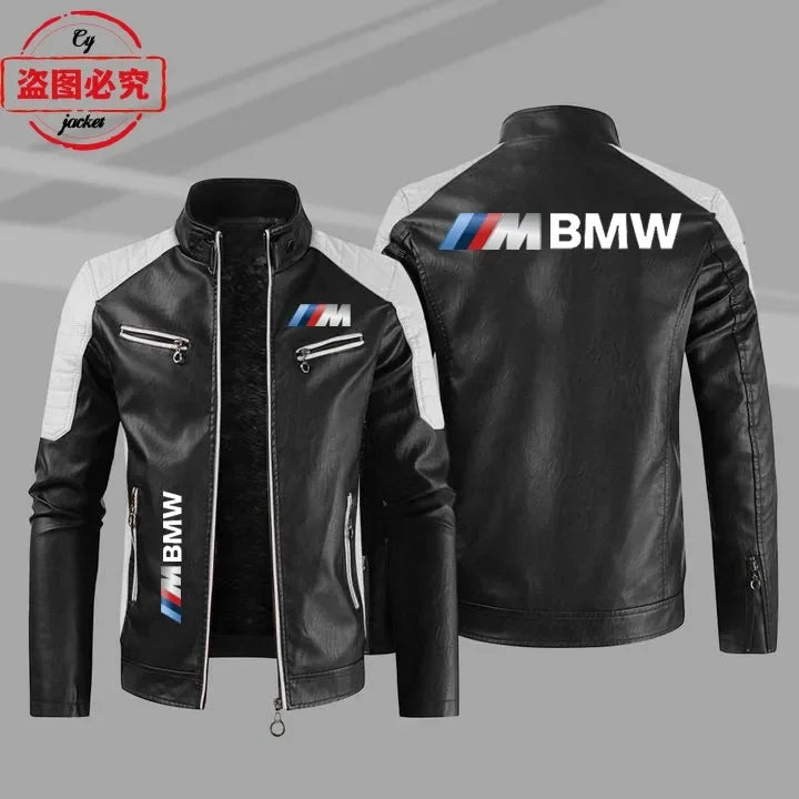 سترة من الجلد الصناعي بشعار BMW Motorrad M مطبوع عليها شعار فريق سباق الدراجات النارية، وسترة رجالية بشعار سيارة BMW