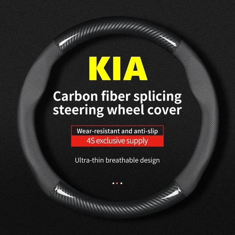 KIA Car Carbon Fiber Leather Car Steering Wheel Cover for  Rio Sorento Sportage Forte K3 K2 K5 Stonic Strong Spectra Optima