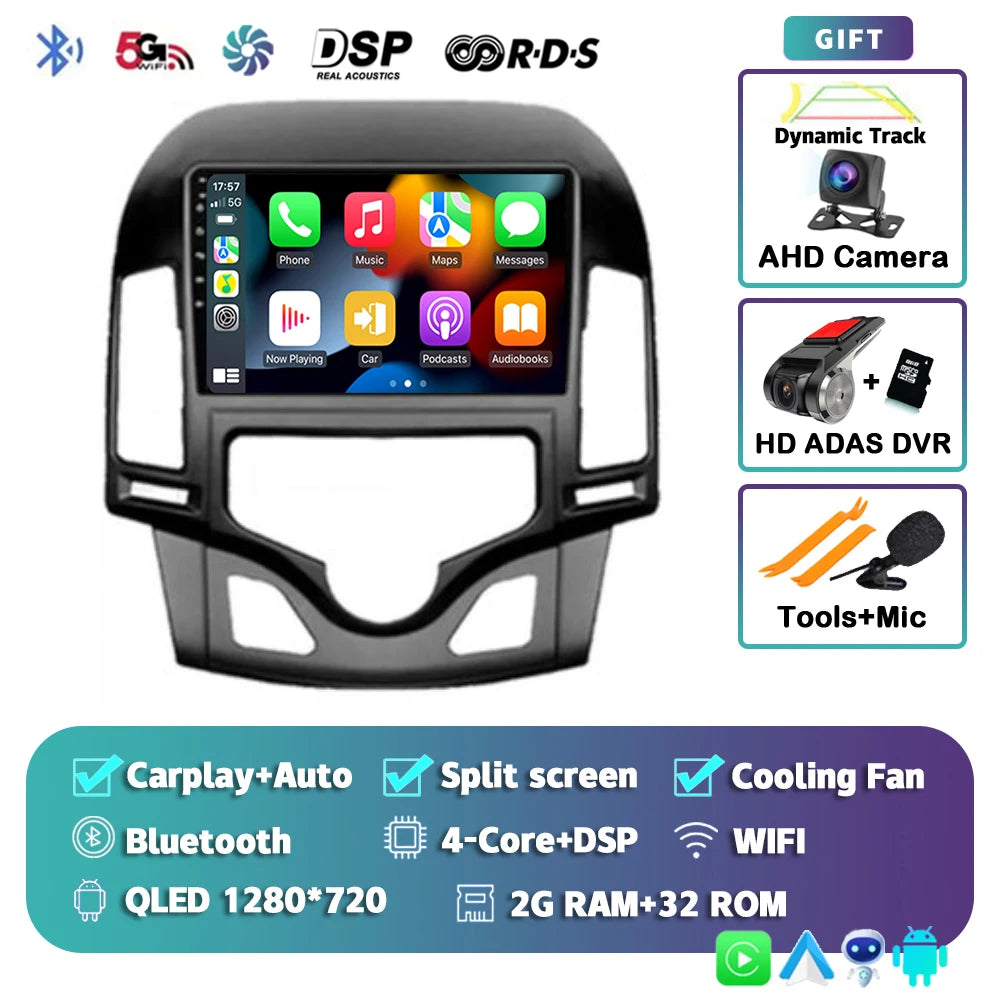 Android 14 For Hyundai i30 2006-2011 MANUAL AC 2K QLED Android Car Radio Multimedia Video Player GPS Stereo CarPlay Navigation