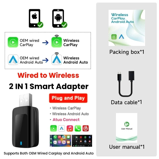 2 in 1 AI Box Mini Adapter Wired to Wireless Carplay&Android Auto Compatible with 99% of Cars Plug and Play WiFi Smart Dongle