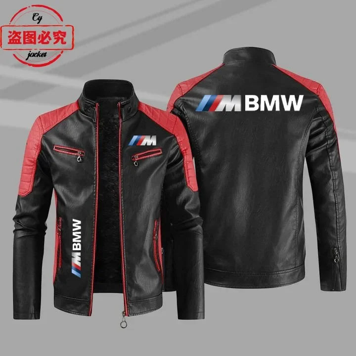 سترة من الجلد الصناعي بشعار BMW Motorrad M مطبوع عليها شعار فريق سباق الدراجات النارية، وسترة رجالية بشعار سيارة BMW