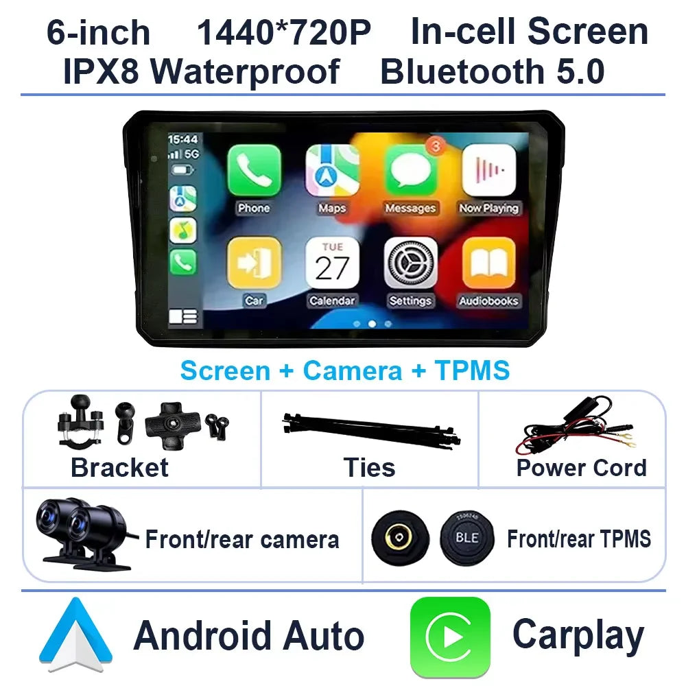 6 inch Motorcycle Navigation GPS Screen 1440*720P Wireless CarPlay Android Auto Motorcycle GPS Motor DVR Monitor TPMS Optional