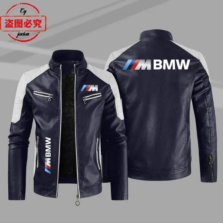 سترة من الجلد الصناعي بشعار BMW Motorrad M مطبوع عليها شعار فريق سباق الدراجات النارية، وسترة رجالية بشعار سيارة BMW