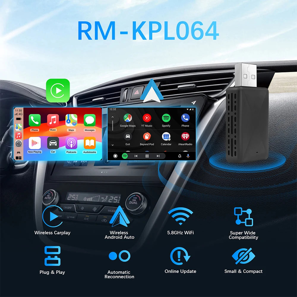 2 in 1 AI Box Mini Adapter Wired to Wireless Carplay&Android Auto Compatible with 99% of Cars Plug and Play WiFi Smart Dongle
