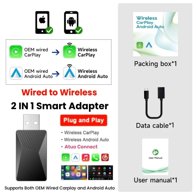 2 in 1 AI Box Mini Adapter Wired to Wireless Carplay&Android Auto Compatible with 99% of Cars Plug and Play WiFi Smart Dongle