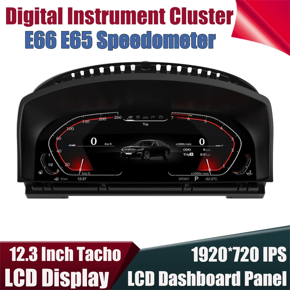 عداد السرعة بشاشة LCD مقاس 12.3 بوصة يعمل بنظام Linux لسيارة BMW الفئة السابعة E66 E65 745 750 760، لوحة عدادات رقمية، لوحة القيادة، التوصيل والتشغيل