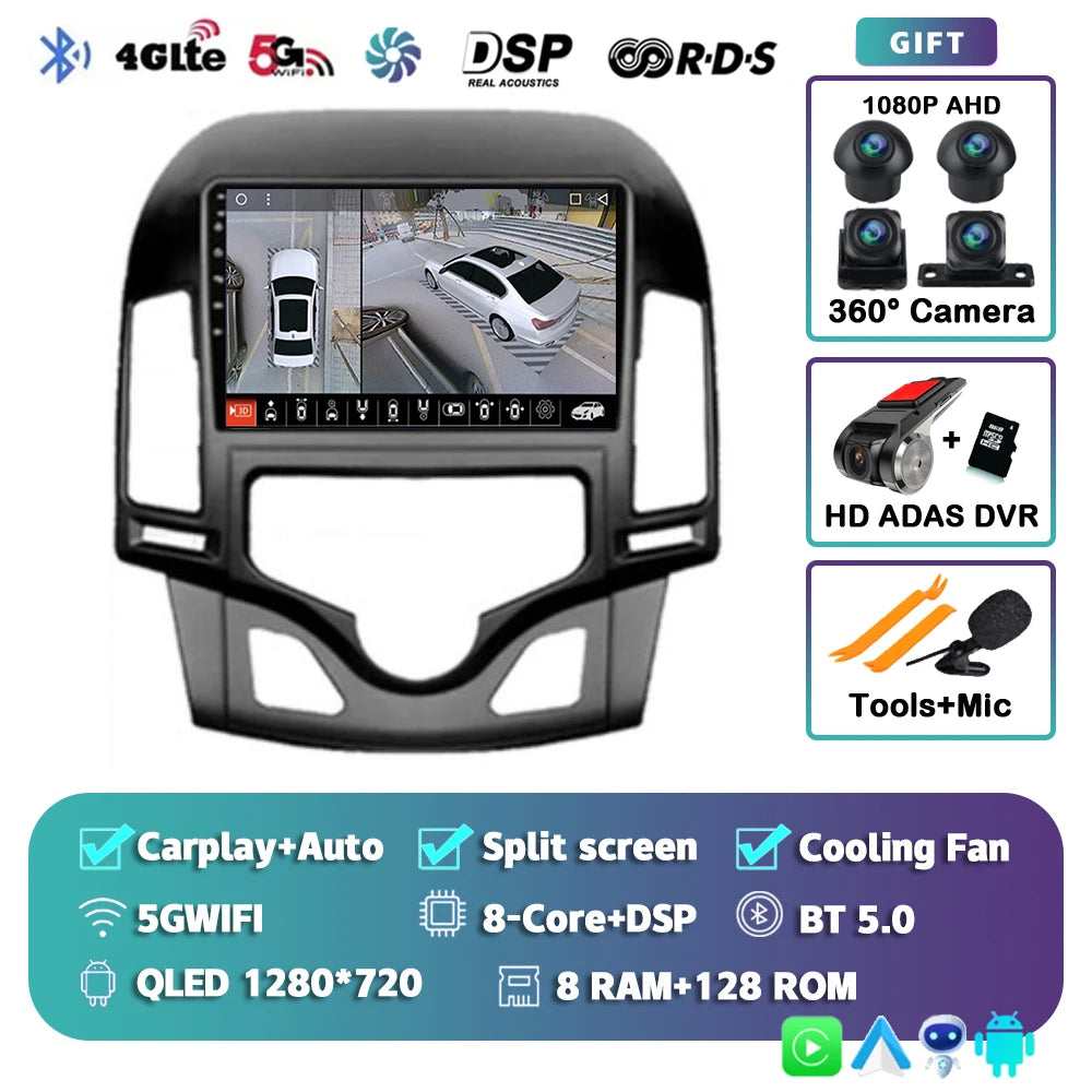 Android 14 For Hyundai i30 2006-2011 MANUAL AC 2K QLED Android Car Radio Multimedia Video Player GPS Stereo CarPlay Navigation