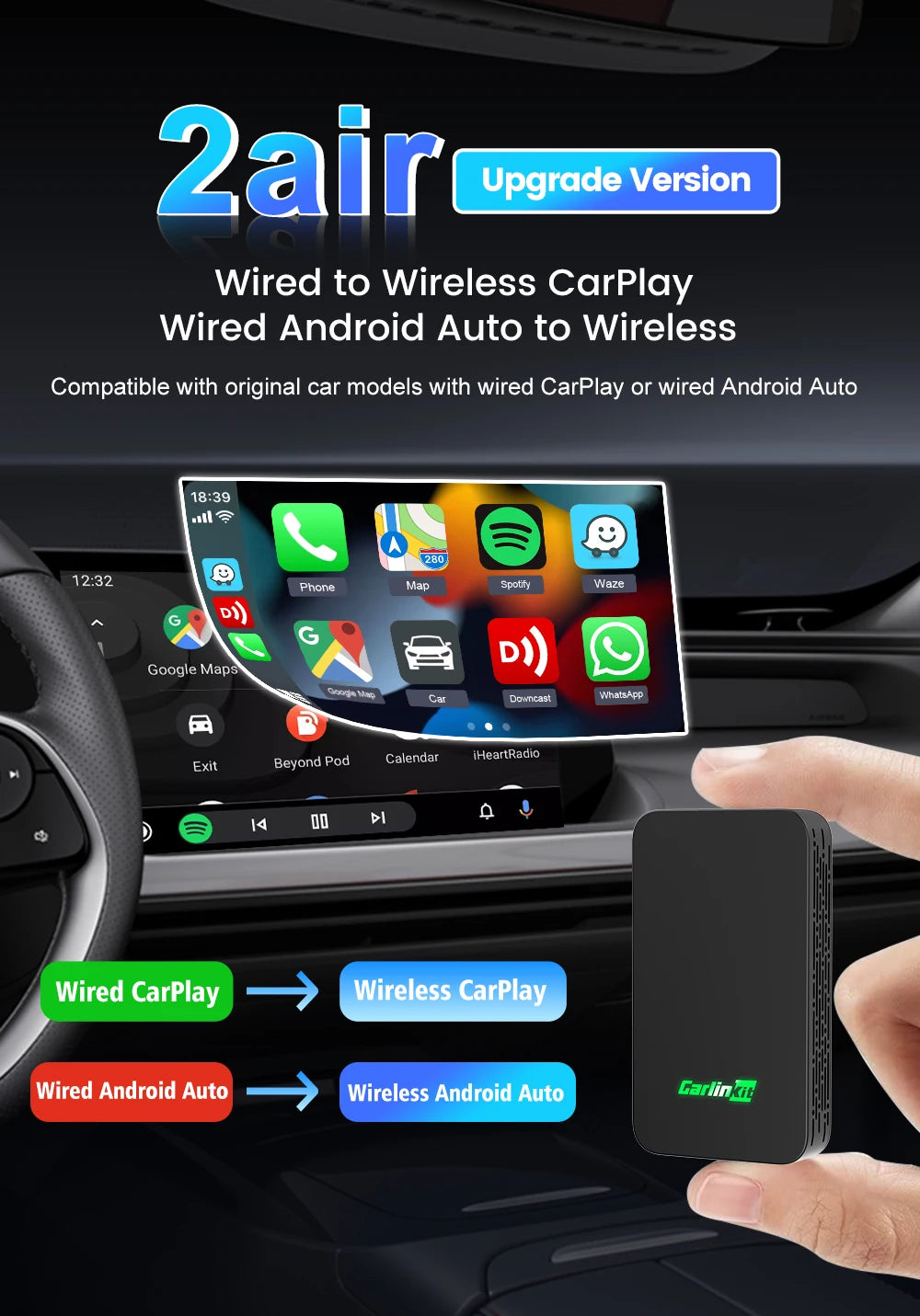 CarlinKit 5.0 & CarlinKit 4.0 Wireless CarPlay Android Auto Waze Music Spotify Auto For Audi Golf Peugeot Mazda KIA Mercedes MG