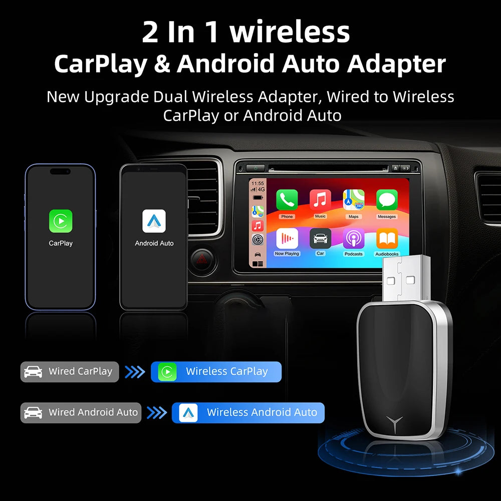 2 in 1 AI Box Mini Adapter Wired to Wireless Carplay&Android Auto Compatible with 99% of Cars Plug and Play WiFi Smart Dongle