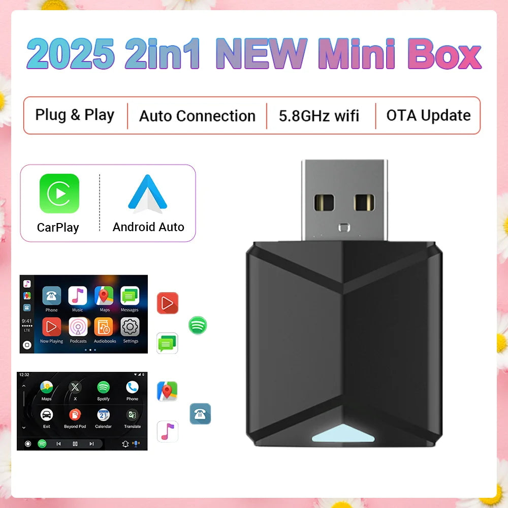 2025New Wired to Wireless Carplay Android Auto 2in1 Mini Adapter Dongle Auto Connect Plug&Play Bluetooth WiFi Universal Mini Box
