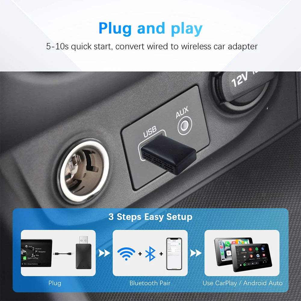 2 in 1 AI Box Mini Adapter Wired to Wireless Carplay&Android Auto Compatible with 99% of Cars Plug and Play WiFi Smart Dongle