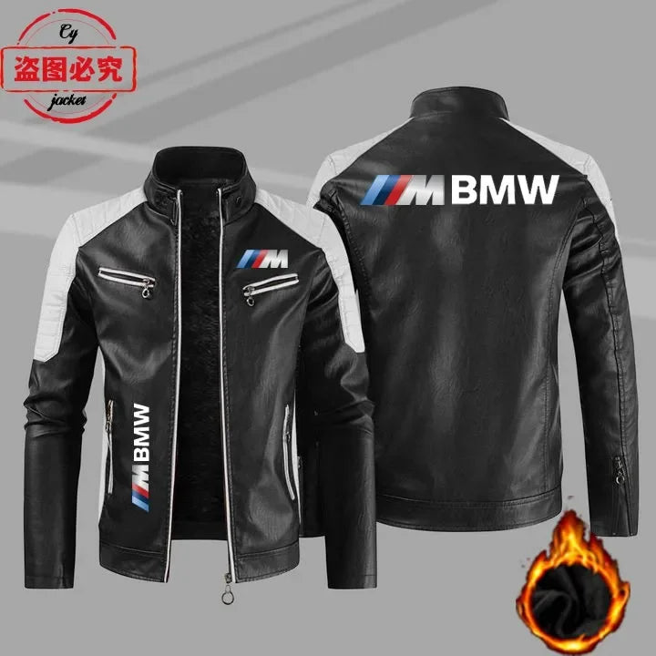 سترة من الجلد الصناعي بشعار BMW Motorrad M مطبوع عليها شعار فريق سباق الدراجات النارية، وسترة رجالية بشعار سيارة BMW