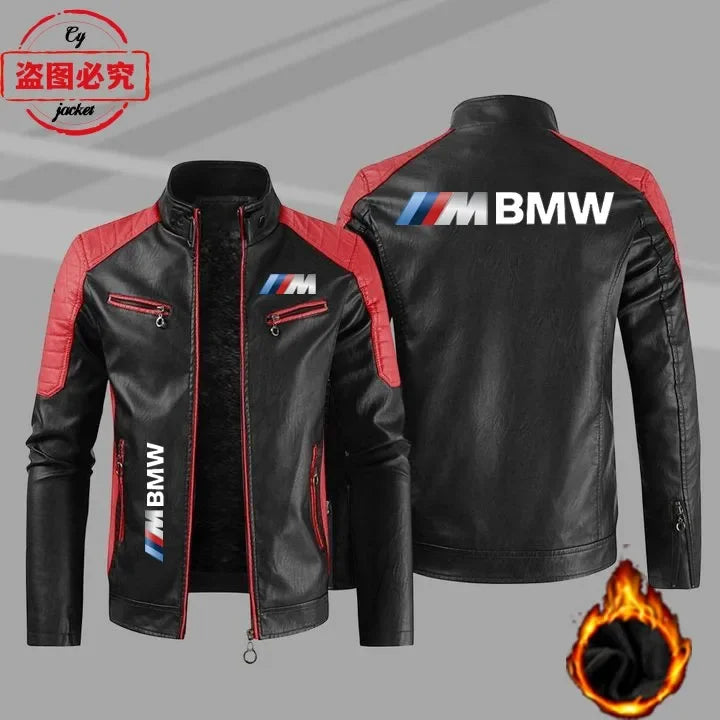 سترة من الجلد الصناعي بشعار BMW Motorrad M مطبوع عليها شعار فريق سباق الدراجات النارية، وسترة رجالية بشعار سيارة BMW