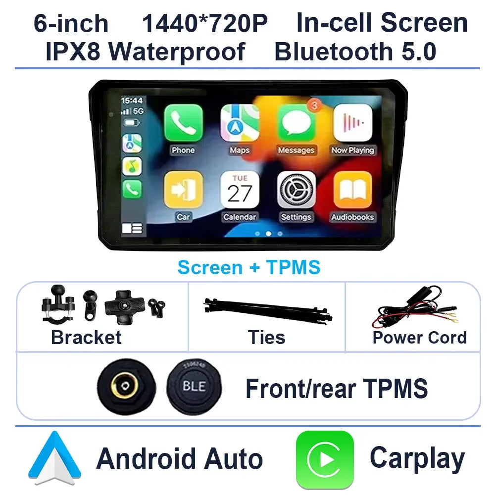 6 inch Motorcycle Navigation GPS Screen 1440*720P Wireless CarPlay Android Auto Motorcycle GPS Motor DVR Monitor TPMS Optional