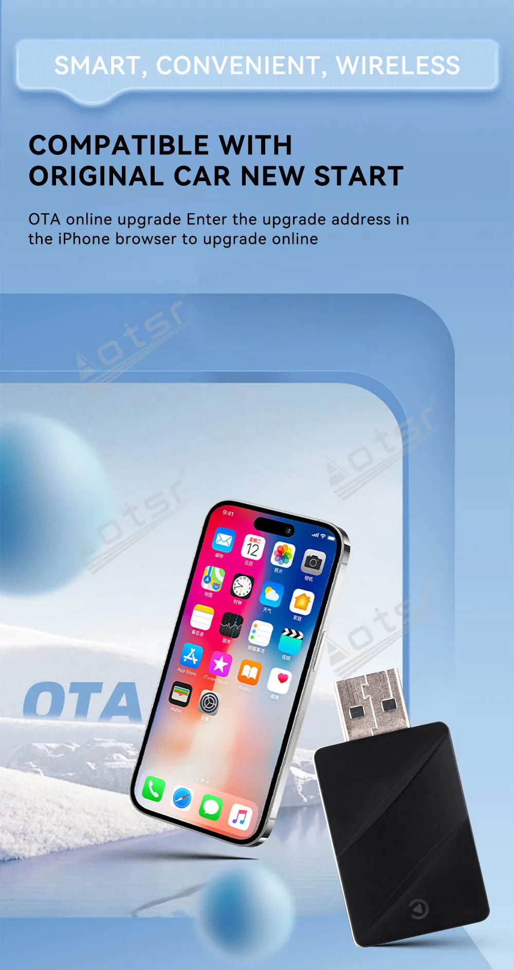 The Car Accessories Modification of Carplay USB Stereo Radio Wireless Plug and Play Compatible with Most Cars