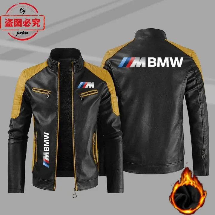 سترة من الجلد الصناعي بشعار BMW Motorrad M مطبوع عليها شعار فريق سباق الدراجات النارية، وسترة رجالية بشعار سيارة BMW