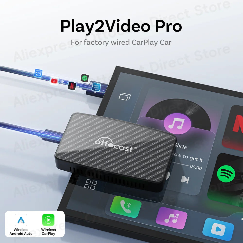 Play2Video Pro Wireless CarPlay Android Auto Adapter for Factory Cars with Builtin Apps for YouTube Spotify