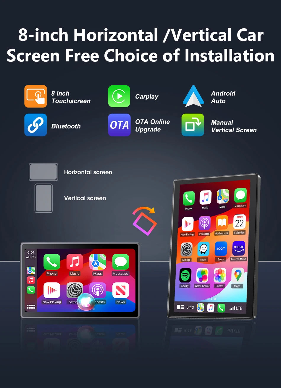 New 8 inch Carplay Screen for Car Wireless Carplay Android Auto Horizontal and Vertical Screen Navigation GPS Portable Car Radio