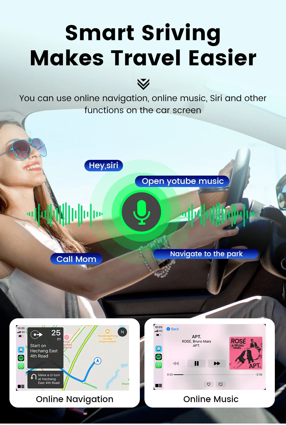 HEYINCAR Baidu Carlife to Carplay Wireless Adapter Auto Connect, Supports Online Music, Map Navigation