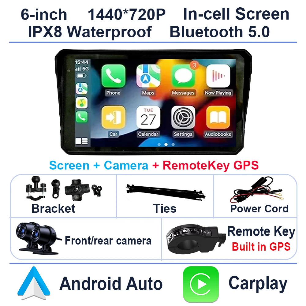 6 inch Motorcycle Navigation GPS Screen 1440*720P Wireless CarPlay Android Auto Motorcycle GPS Motor DVR Monitor TPMS Optional