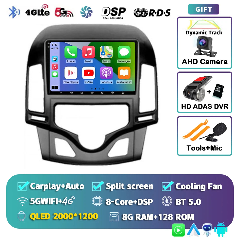 Android 14 For Hyundai i30 2006-2011 MANUAL AC 2K QLED Android Car Radio Multimedia Video Player GPS Stereo CarPlay Navigation