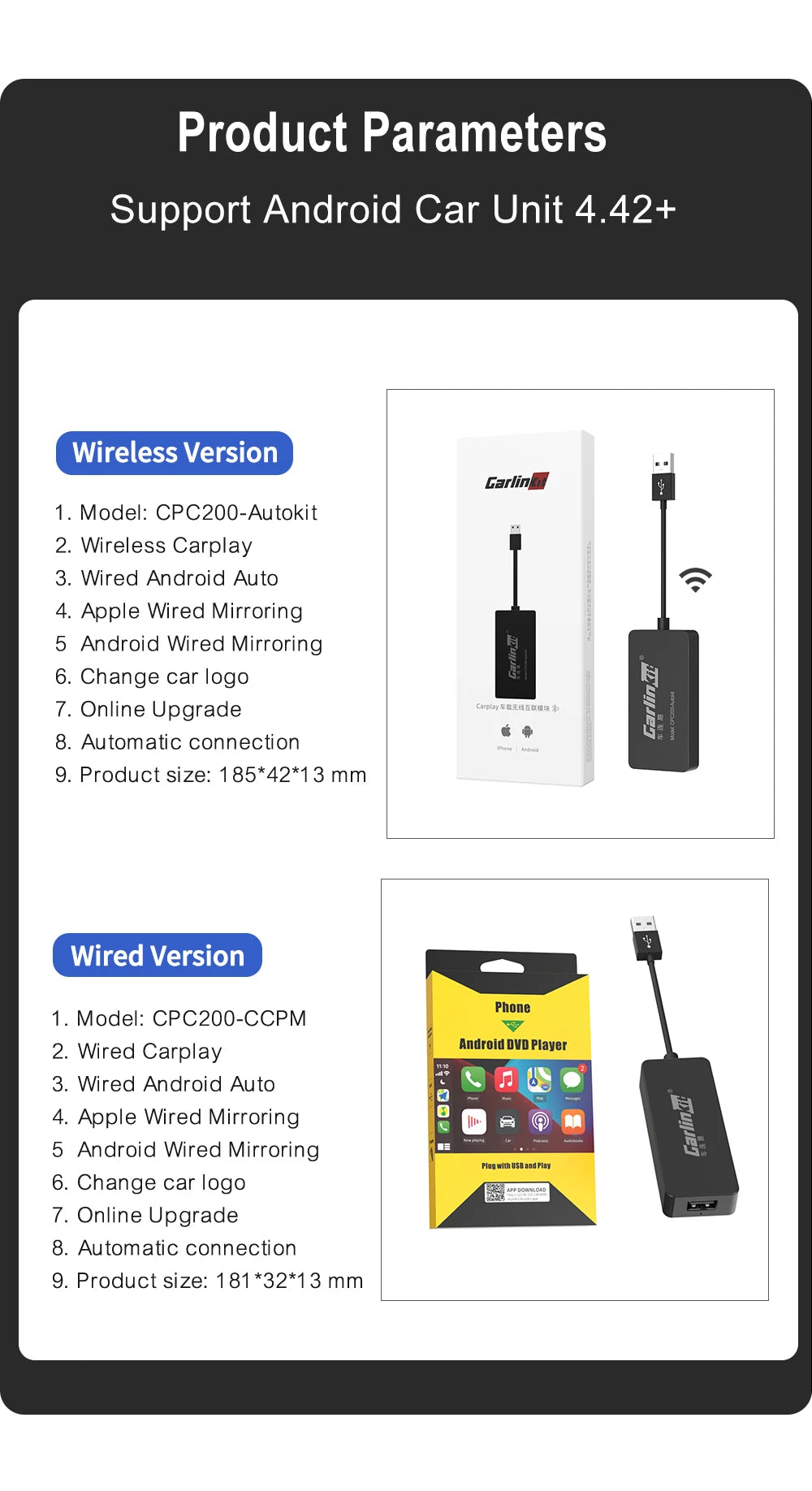 CarlinKit Wired or Wireless CarPlay Adapter USB Android Auto Dongle for Android Car Multimedia Mirrorlink Waze Spotify Autokit