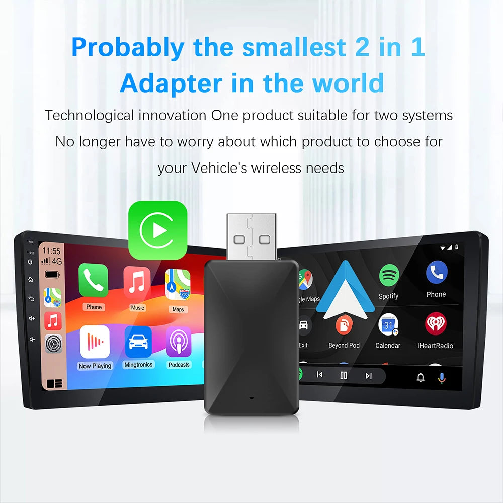2 in 1 AI Box Mini Adapter Wired to Wireless Carplay&Android Auto Compatible with 99% of Cars Plug and Play WiFi Smart Dongle