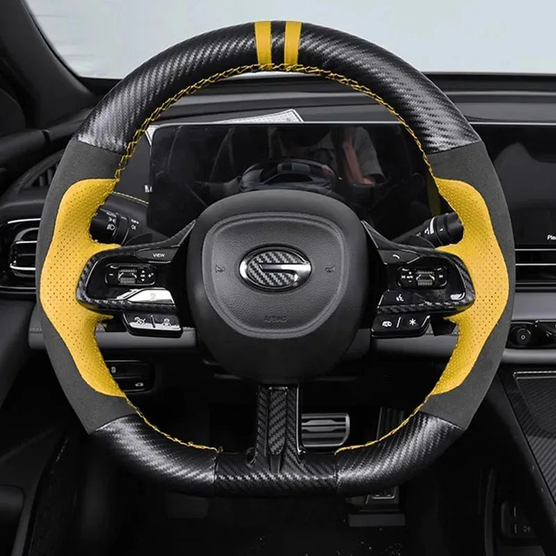 For GAC Trumpchi Empow 2021-2024 Hand Stitched black Sports style carbon fiber Genuine Leather suede Car Steering Wheel Cover