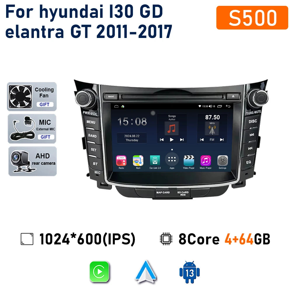 راديو سيارة لاسلكي Carplay لسيارة Hyundai I30 Elantra GT 2011 - 2017 Android Auto مشغل فيديو ستيريو متعدد الوسائط نظام تحديد المواقع والملاحة 