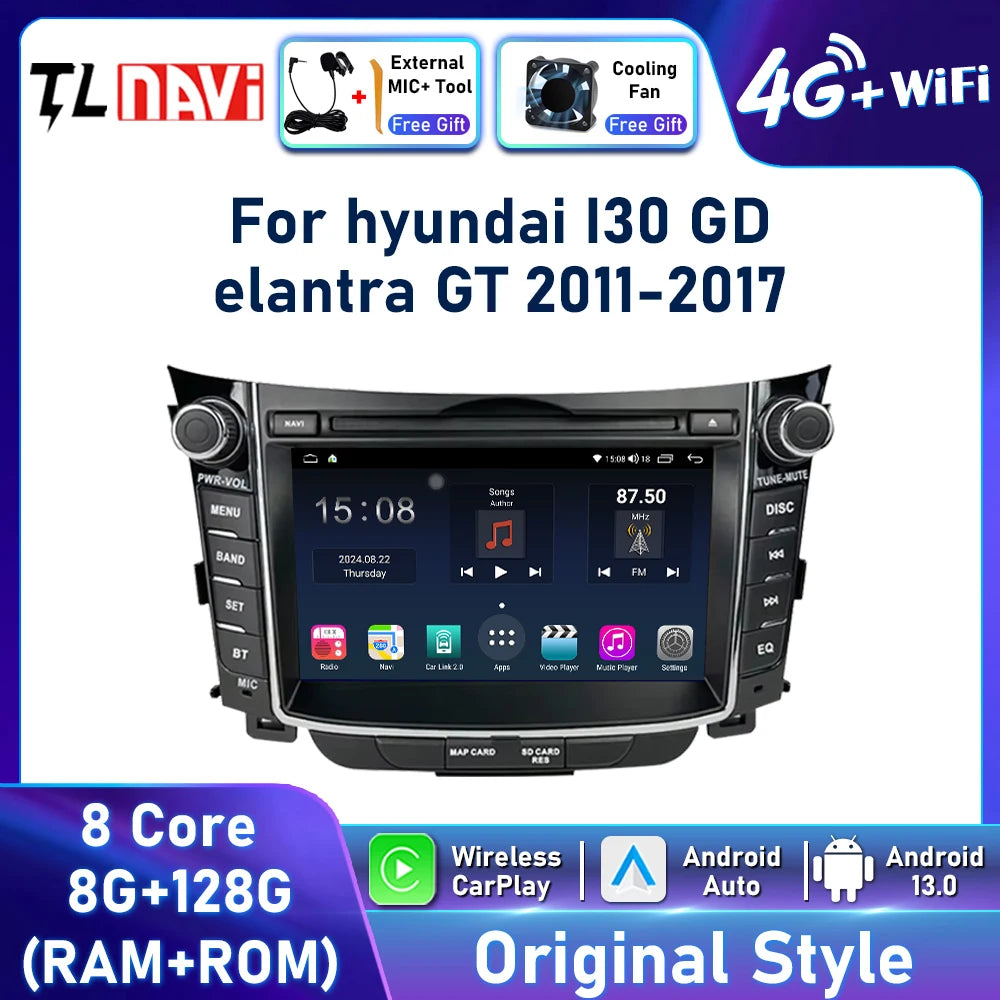 راديو سيارة لاسلكي Carplay لسيارة Hyundai I30 Elantra GT 2011 - 2017 Android Auto مشغل فيديو ستيريو متعدد الوسائط نظام تحديد المواقع والملاحة 