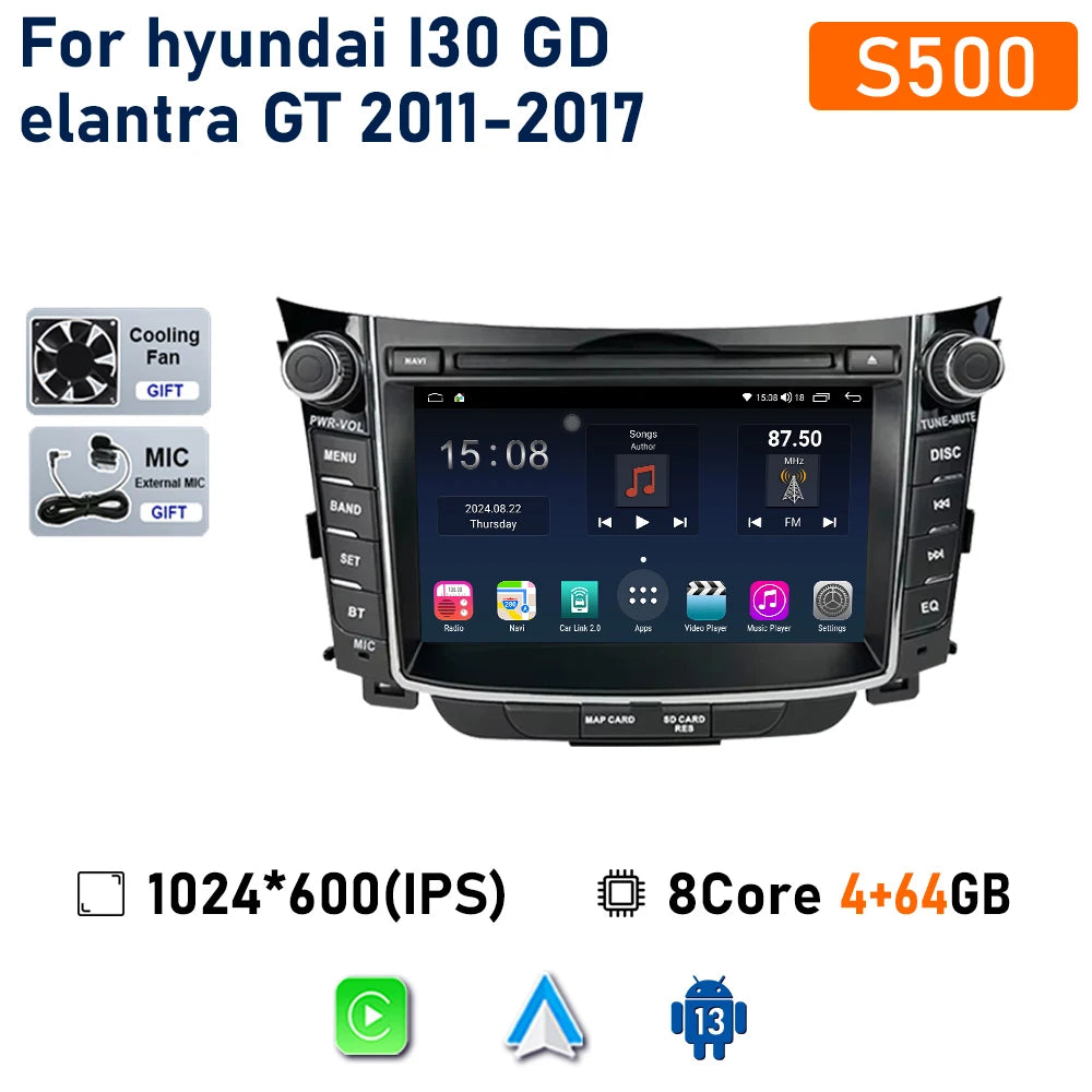 راديو سيارة لاسلكي Carplay لسيارة Hyundai I30 Elantra GT 2011 - 2017 Android Auto مشغل فيديو ستيريو متعدد الوسائط نظام تحديد المواقع والملاحة 