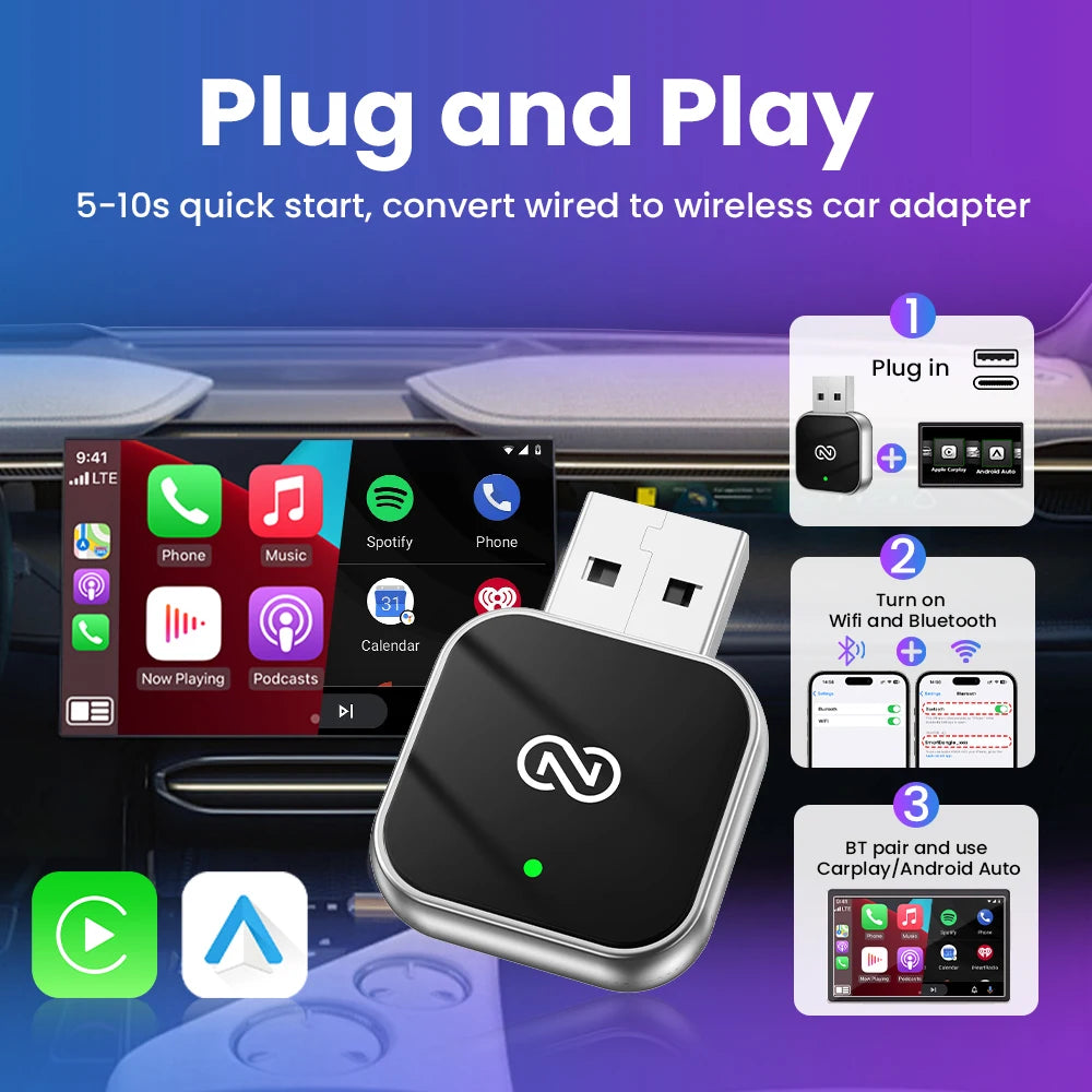 محول CarPlay اللاسلكي لـ Androids Auto Smart Dongle Plug and Play اتصال بلوتوث تلقائي لـ Havel Kia Volvo Audi Skoda Jeep 