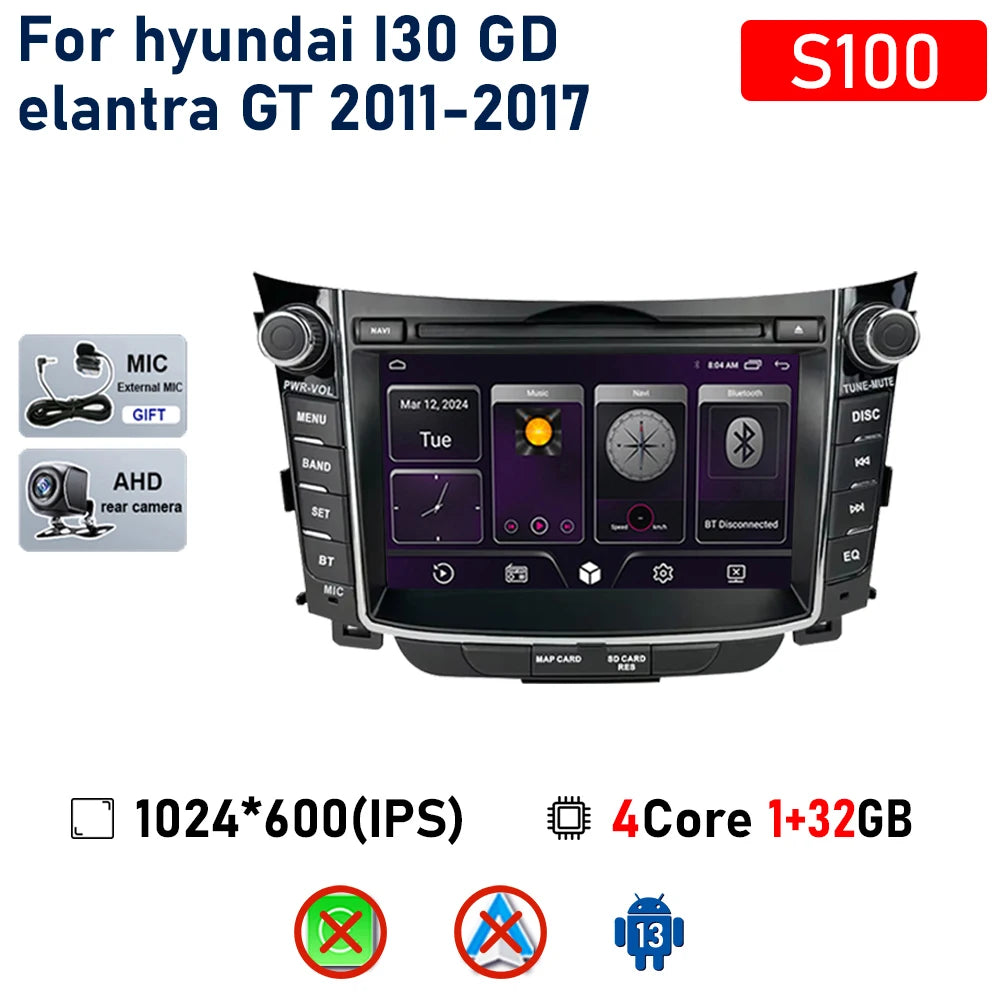 راديو سيارة لاسلكي Carplay لسيارة Hyundai I30 Elantra GT 2011 - 2017 Android Auto مشغل فيديو ستيريو متعدد الوسائط نظام تحديد المواقع والملاحة 