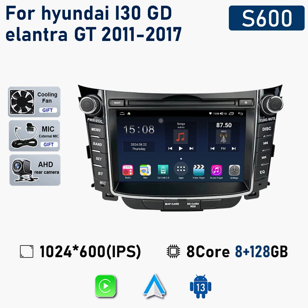 راديو سيارة لاسلكي Carplay لسيارة Hyundai I30 Elantra GT 2011 - 2017 Android Auto مشغل فيديو ستيريو متعدد الوسائط نظام تحديد المواقع والملاحة 
