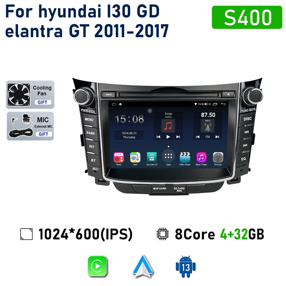 راديو سيارة لاسلكي Carplay لسيارة Hyundai I30 Elantra GT 2011 - 2017 Android Auto مشغل فيديو ستيريو متعدد الوسائط نظام تحديد المواقع والملاحة 