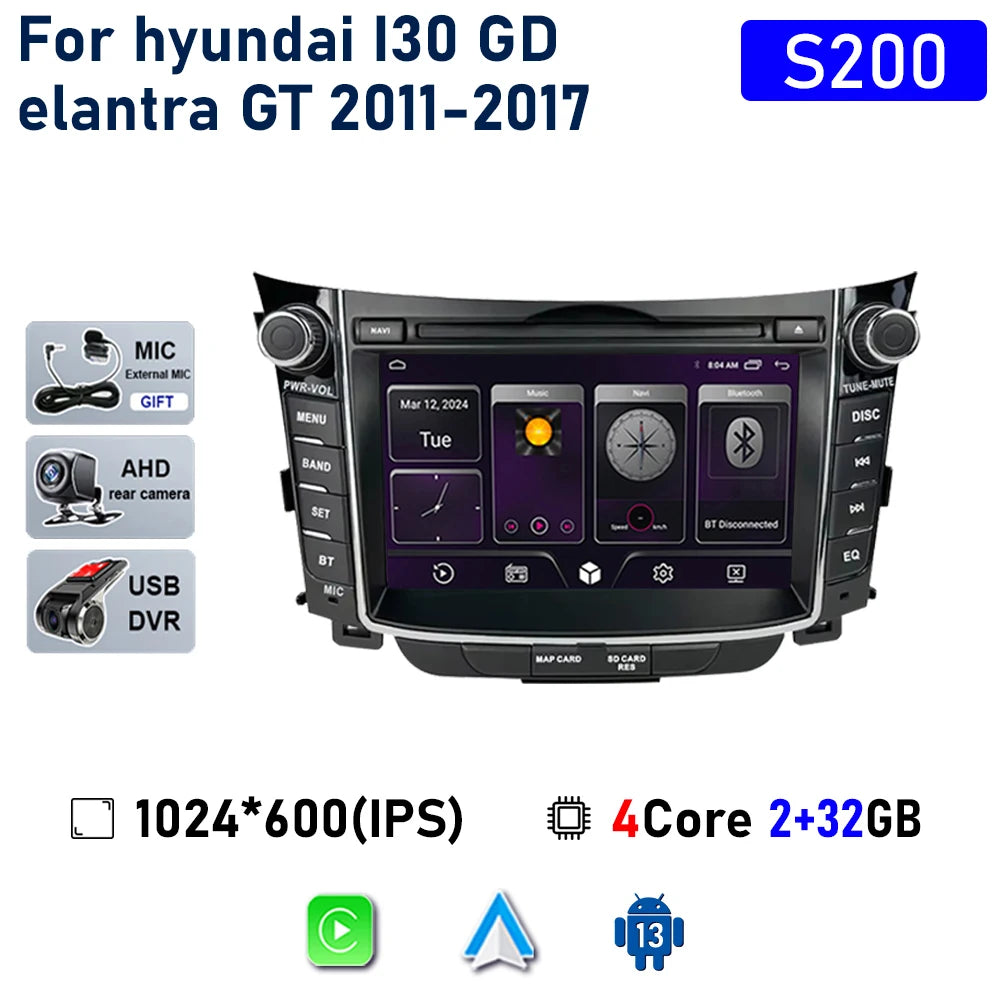 راديو سيارة لاسلكي Carplay لسيارة Hyundai I30 Elantra GT 2011 - 2017 Android Auto مشغل فيديو ستيريو متعدد الوسائط نظام تحديد المواقع والملاحة 