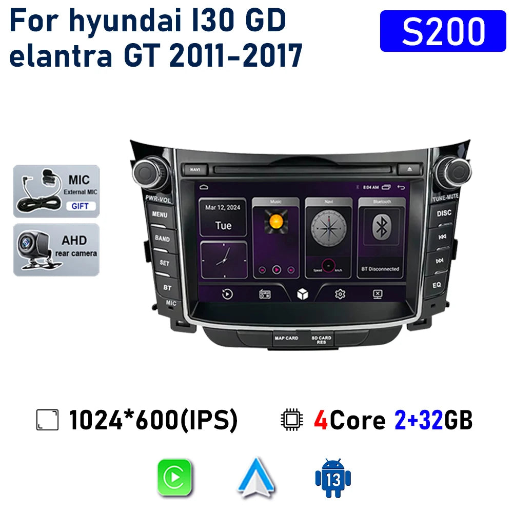 راديو سيارة لاسلكي Carplay لسيارة Hyundai I30 Elantra GT 2011 - 2017 Android Auto مشغل فيديو ستيريو متعدد الوسائط نظام تحديد المواقع والملاحة 